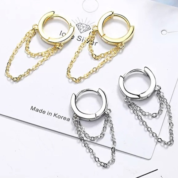 STERLING SILVER HOOP CHAIN DROP MINIMALIST EARRINGS - Picture 3 of 5